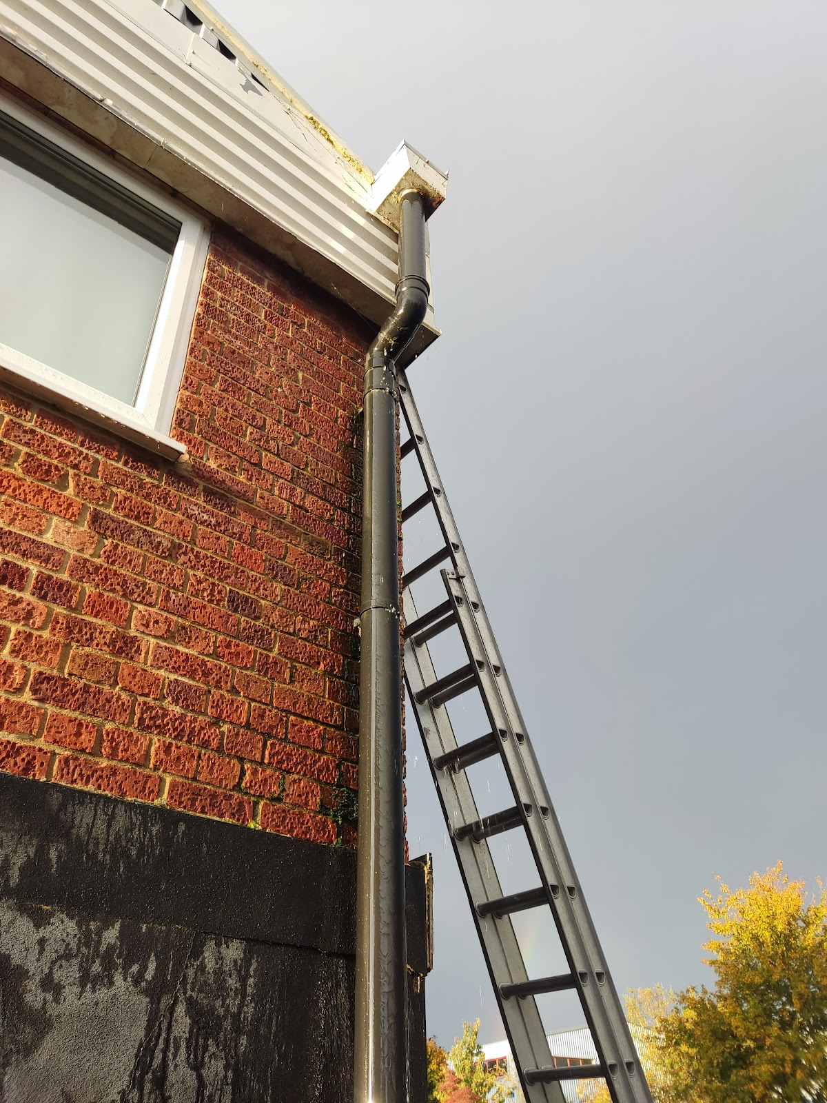 Ladder access beside a residential gutter and downpipe